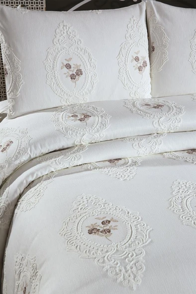 Gardenlove Nakışlı Şönil 3 Parça Çift Kişilik Yatak Örtüsü Bej - Resim 2