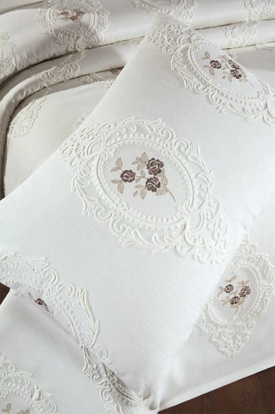 Gardenlove Nakışlı Şönil 3 Parça Çift Kişilik Yatak Örtüsü Bej - Resim 4