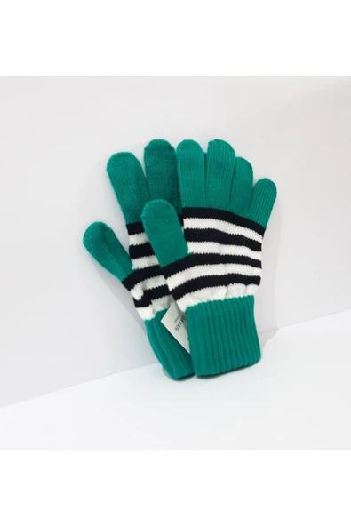 renkli çiçekler Kadın Eldiven Yeşil Beyaz Siyah Çizgili Kadın Eldiveni - Resim 4