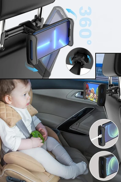 EXENAR Araç İçi Arka Koltuk İçin Tablet Tutucu 360 Derece Dönebilen Ayarlanabilir Tablet Telefon Tutucu - Resim 4
