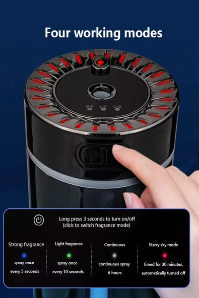 EXENAR Araç ve Ev Nemlendirici Cihazı Buharlı Koku Difüzörü Araba Koku Giderici 7 Renk Ledli Yıldızlı Siyah - Resim 4