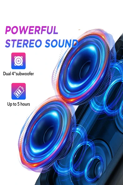 EXENAR Extra Bass Bluetooth Hoparlör Speaker Karaoke Mikrofonlu 10W 2x4inç Subwoofer RGB Işıklı 1500mAh TWS - Resim 4