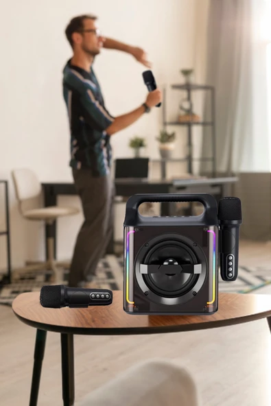 EXENAR 2 Mikrofonlu Karaoke Hoparlör Seti 15W Kablosuz Taşınabilir Bluetooth Çift Mikrofon Speaker 3000mAh - Resim 3