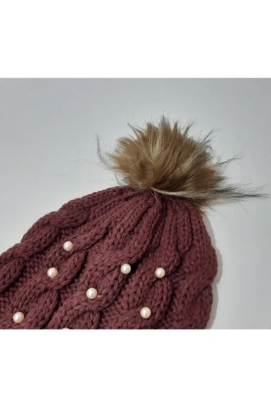 renkli çiçekler Kadın Bere Tilki Tüylü Bordo Renk Bere - Resim 4