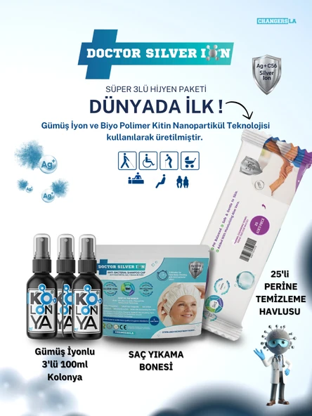 Gümüş İyonlu 3'lü 100ml Kolonya, Saç Yıkama Bonesi ve 25'li Perine Islak Mendili Temizlik Seti ürün görseli