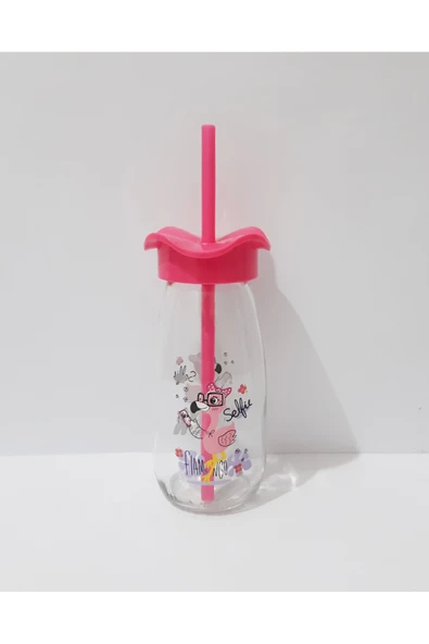 renkli çiçekler Pipetli Süt Şişesi Çocuklar İçin Süt Meye Suyu Şişesi 250ml Karikatür Desenli Şişe