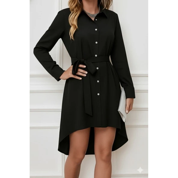 Lucky Life Kadın Uzun Kollu ön Kısım Kısım Arka Kısım Uzun Trikoton Gömlek Elbise - 2