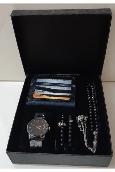 renkli çiçekler Erkek Saat Erkek Kol Saati Cüzdan Tesbih Bileklik Set - 3