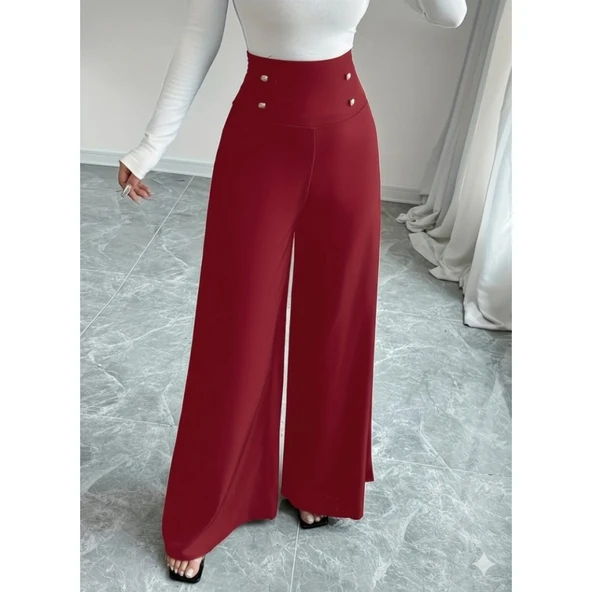 Lucky Life Kadın Yüksek Bel Düğmeli Geniş Paçalı Ithal Krep Pantolon - Resim 3