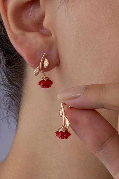 Gümüş Pazarım Kırmızı Gül Gümüş Küpe