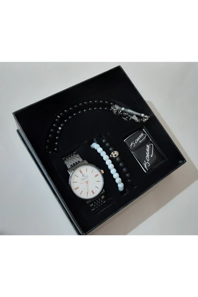 renkli çiçekler Erkek Saat Erkek Kol Saati Çakmak Tesbih Bileklik Set - 4