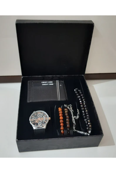 renkli çiçekler Erkek Saat Erkek Kol Saati Cüzdan Tesbih Bileklik Set - 3
