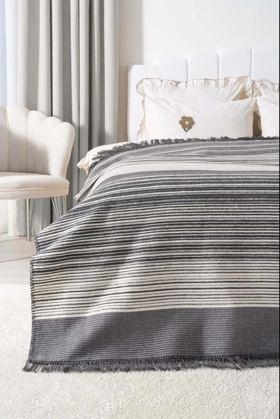 Veloura Antrasit Çift Kişilik Püsküllü Battaniye - 2