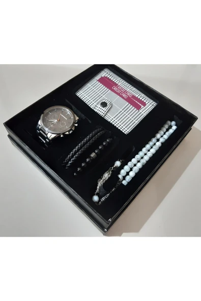 renkli çiçekler Erkek Saat Cüzdan Tesbih Kartlık Bileklik Set Erkek Kol Saati