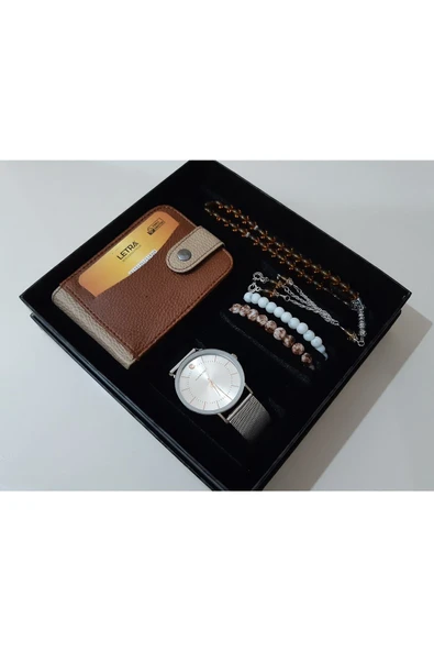 renkli çiçekler Erkek Saat Erkek Kol Saati Cüzdan Tesbih Bileklik Set - 3