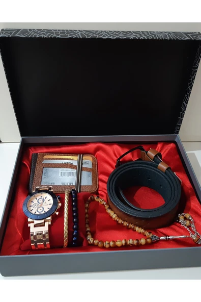renkli çiçekler Erkek Saat Erkek Kol Saati Cüzdan Kemer Tesbih Bileklik Set - 2
