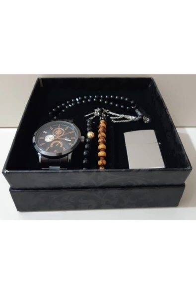 renkli çiçekler Erkek Saat Erkek Kol Saati Çakmak Tesbih Bileklik Set - 3
