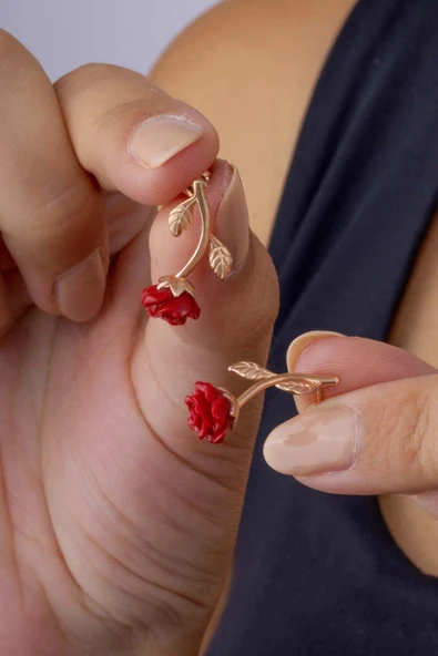 Gümüş Pazarım Kırmızı Gül Gümüş Küpe - 2