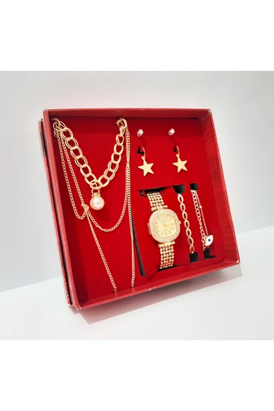 renkli çiçekler Kadın Saat Kolye Küpe Bileklik Set Kadın Kol Saati