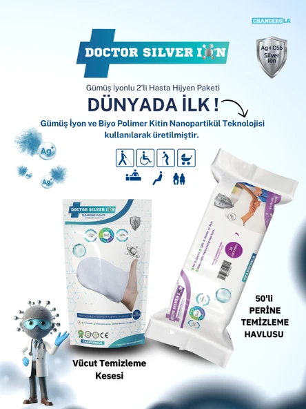 Gümüş İyonlu 2'li Hasta Hijyen Vücut Temizleme Kesesi ve 50'li Perine Islak Mendili Temizlik Seti ürün görseli