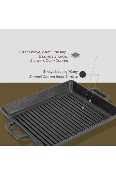 Lava Döküm Dikdörtgen Izgara Tavası Döküm Demir Yekpare Çift Kulplu Ölçü 26x32cm. - Resim 6