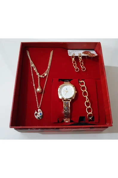renkli çiçekler Kadın Saat Kadın Kol Saati Kolye Küpe Takı Set - 2