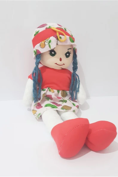 renkli çiçekler Bez Bebek 50 CM Kırmızı Elbiseli Saçlı Oyuncak Bez Bebek - 4