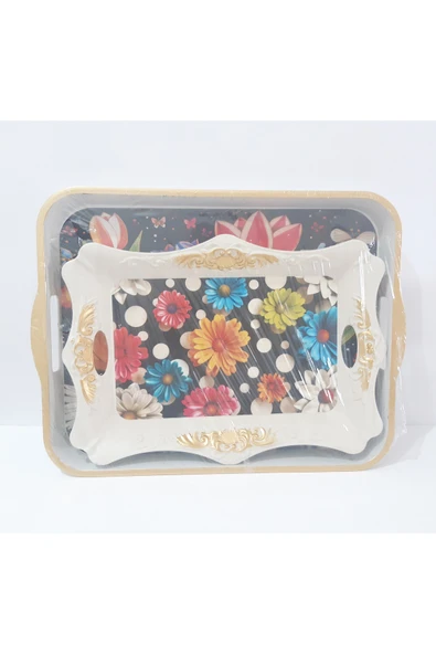 renkli çiçekler Çay Tepsi 42x32x4 CM ve 37x26.5 CM 2 Li Desenli Plastik Dikdörtgen Çay Kahve Tepsisi Servis Tepsi ürün görseli 1