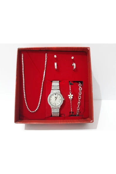 renkli çiçekler Kadın Saat Kadın Kol Saati Küpe Kolye Bileklik Takı Set