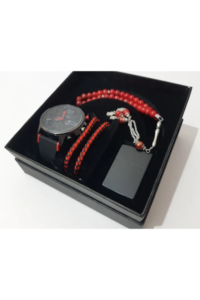 renkli çiçekler Erkek Saat Erkek Kol Saati Çakmak Tesbih Bileklik Set - 3