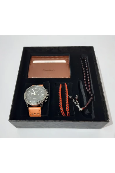 renkli çiçekler Erkek Saat Erkek Kol Saati Tesbih Bileklik Kartlık Set - 4