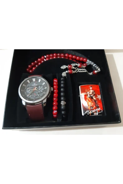 renkli çiçekler Erkek Saat Erkek Kol Saati Çakmak Tesbih Bileklik Set