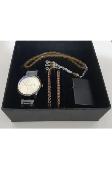 renkli çiçekler Erkek Saat Erkek Kol Saati Çakmak Tesbih Bileklik Set