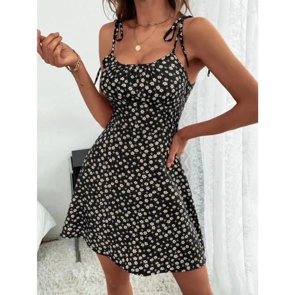 Lucky Life Kadın Ip Askılı Omuzlardan Bağcıklı çiçek Desenli Süprem Elbise