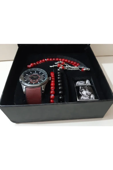 renkli çiçekler Erkek Saat Erkek Kol Saati Çakmak Tesbih Bileklik Set - 5