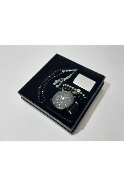 renkli çiçekler Erkek Saat Erkek Kol Saati Çakmak Tesbih Bileklik Set - 4