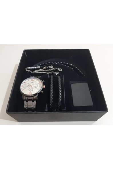 renkli çiçekler Erkek Saat Erkek Kol Saati Çakmak Tesbih Bileklik Set