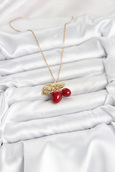 316L Çelik Zincir Yapraklı Kiraz Model Gold Renk Kadın Kolye - TJ-BKO10613 - Resim 4