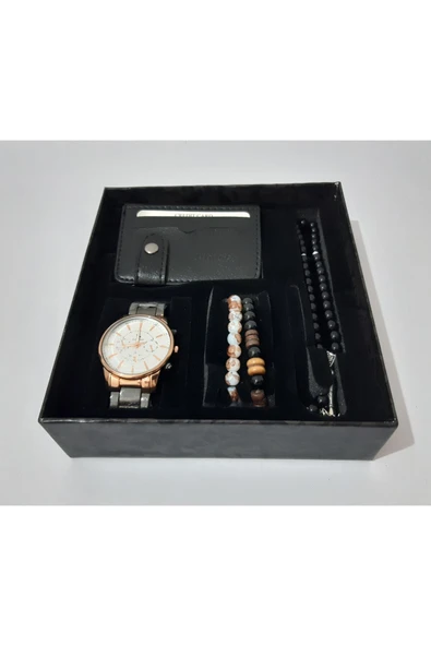 renkli çiçekler Erkek Saat Erkek Kol Saati Cüzdan Tesbih Bileklik Set - 3