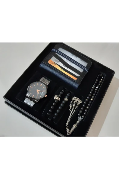renkli çiçekler Erkek Saat Erkek Kol Saati Cüzdan Tesbih Bileklik Set - 5
