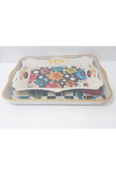 renkli çiçekler Çay Tepsi 42x32x4 CM ve 37x26.5 CM 2 Li Desenli Plastik Dikdörtgen Çay Kahve Tepsisi Servis Tepsi - Resim 5