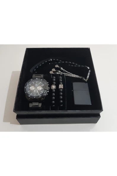 renkli çiçekler Erkek Saat Erkek Kol Saati Çakmak Tesbih Bileklik Set