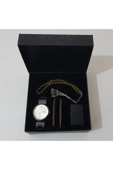 renkli çiçekler Erkek Saat Erkek Kol Saati Çakmak Tesbih Bileklik Set - 2