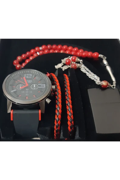 renkli çiçekler Erkek Saat Erkek Kol Saati Çakmak Tesbih Bileklik Set - 5