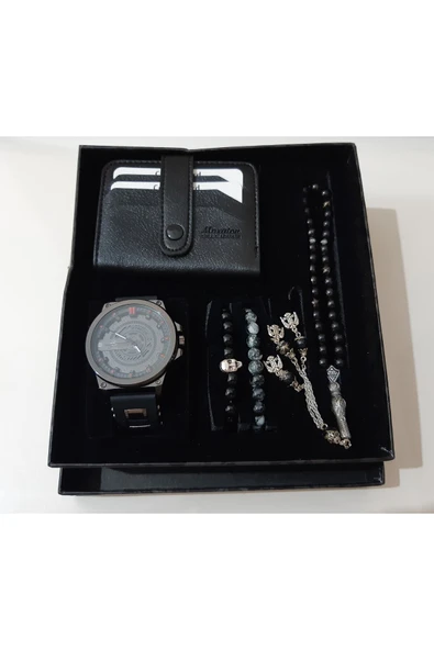 renkli çiçekler Erkek Saat Erkek Kol Saati Cüzdan Tesbih Bileklik Set - 2