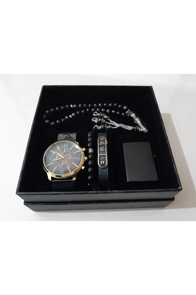 renkli çiçekler Erkek Saat Erkek Kol Saati Çakmak Tesbih Bileklik Set - 3