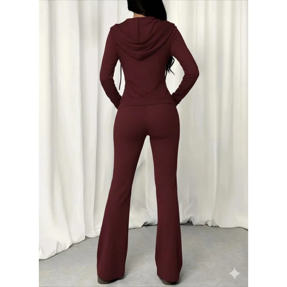 Lucky Life Kadın Uzun Kollu Kapşonlu Bağcıklı önü Fermuarlı Viskon Iki Iplik Bluz Ve Pantolon Ikili Takım - Resim 3