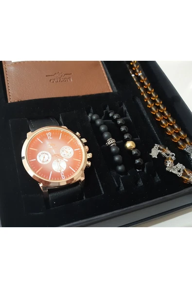 renkli çiçekler Erkek Saat Erkek Kol Saati Cüzdan Tesbih Bileklik Set - 4