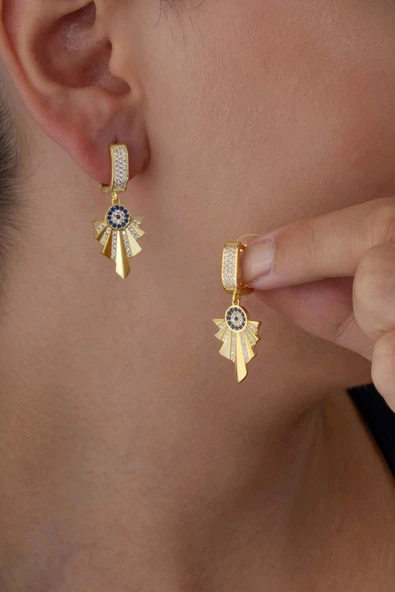 Gümüş Pazarım Özel Tasarım Altın Kaplama Nazar Boncuklu Gümüş Küpe - Resim 2