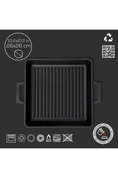 Lava Döküm Kare Izgara Tavası Döküm Demir Yekpare Çift Kulplu Ölçü 26x26cm. - Resim 4